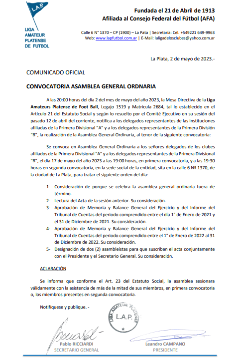 CONVOCATORIA ASAMBLEA GENERAL ORDINARIA – 17 DE MAYO DE 2023