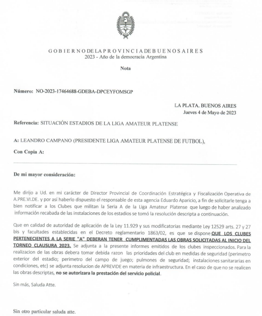 NOTIFICACIÓN APREVIDE SOBRE SITUACIÓN ESTADIOS