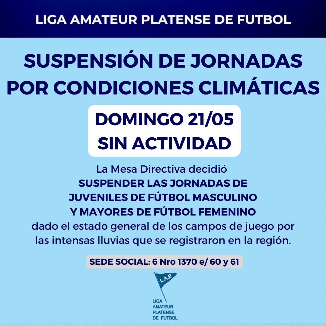 #Atención JORNADA DE DOMINGO 21/05 SUSPENDIDA