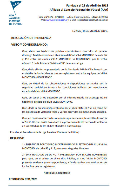 RESOLUCIÓN DE PRESIDENCIA NRO 1: VILLA MONTORO – SUSPENSIÓN ESTADIO