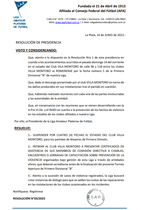 RESOLUCIÓN DE PRESIDENCIA NRO 3: VILLA MONTORO – SUSPENSIÓN ESTADIO (PLAZOS)