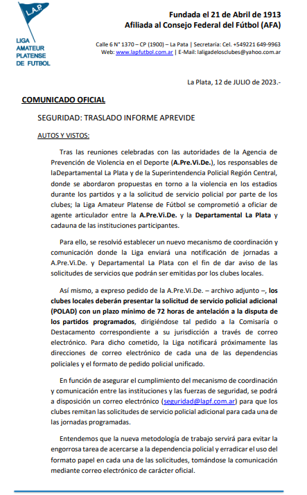 COMUNICADO OFICIAL: TRASLADO INFORME A.PRE.VI.DE.