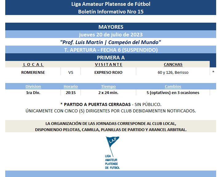 REPROGRAMACIÓN PARTIDO SUSPENDIDO PRIMERA B – 1RA DIVISIÓN