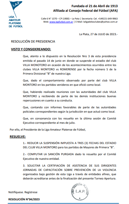 RESOLUCIÓN DE PRESIDENCIA NRO 4: VILLA MONTORO – REDUCCIÓN SUSPENSIÓN ESTADIO