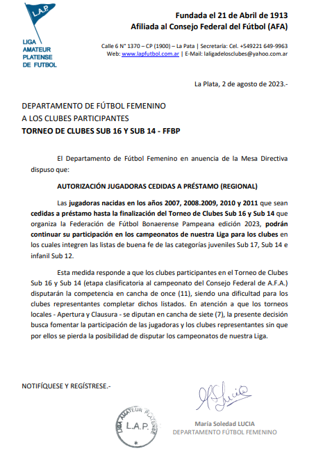 COMUNICADO DEPARTAMENTO DE FÚTBOL FEMENINO: TORNEO DE CLUBES SUB 16 Y SUB 14 (FFBP) – AUTORIZACIÓN JUGADORAS CEDIDAS A PRÉSTAMO (REGIONAL)