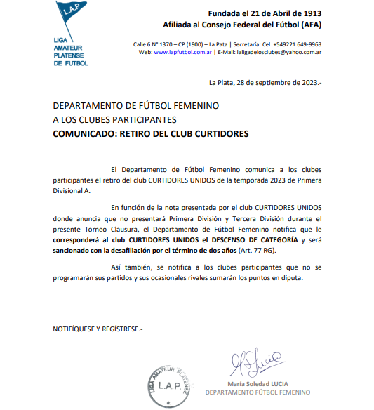 COMUNICADO: RETIRO DEL CLUB CURTIDORES UNIDOS