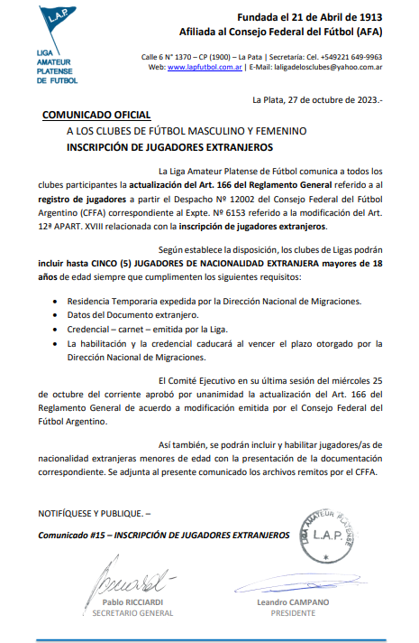 COMUNICADO OFICIAL: INSCRIPCIÓN DE JUGADORES EXTRANJEROS