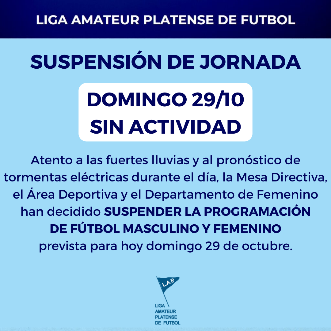 SUSPENSIÓN DE JORNADA: DOMINGO 29/10 SIN ACTIVIDAD