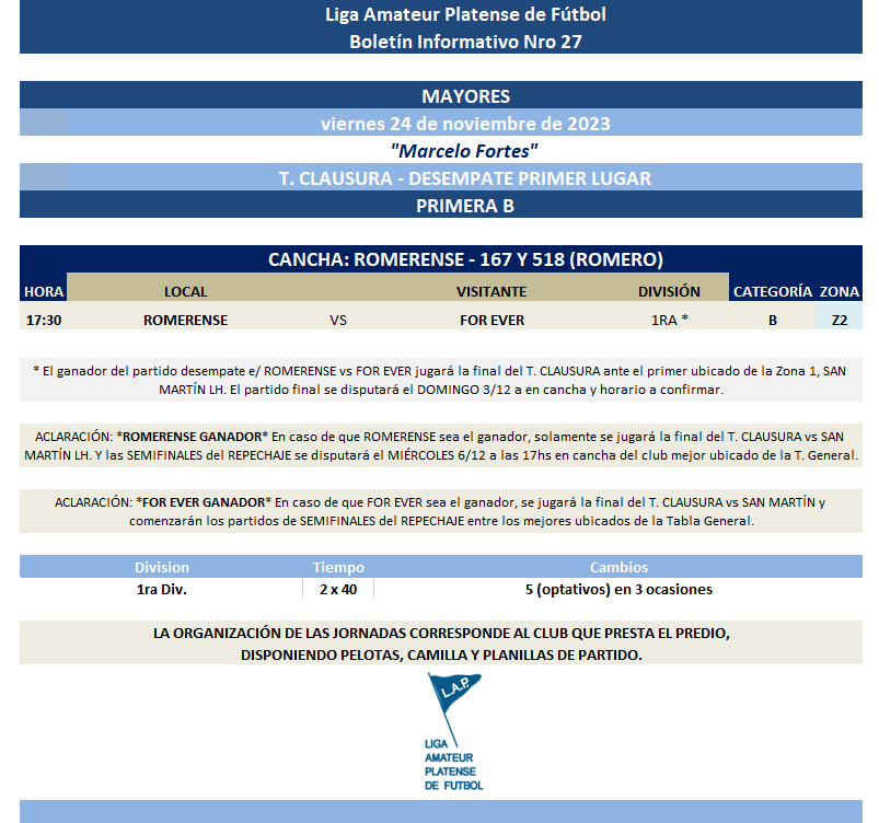 PROGRAMACIÓN NRO 27 T. CLAUSURA PRIMERA B: ZONA 2 DESEMPATE 1RA DIVISIÓN