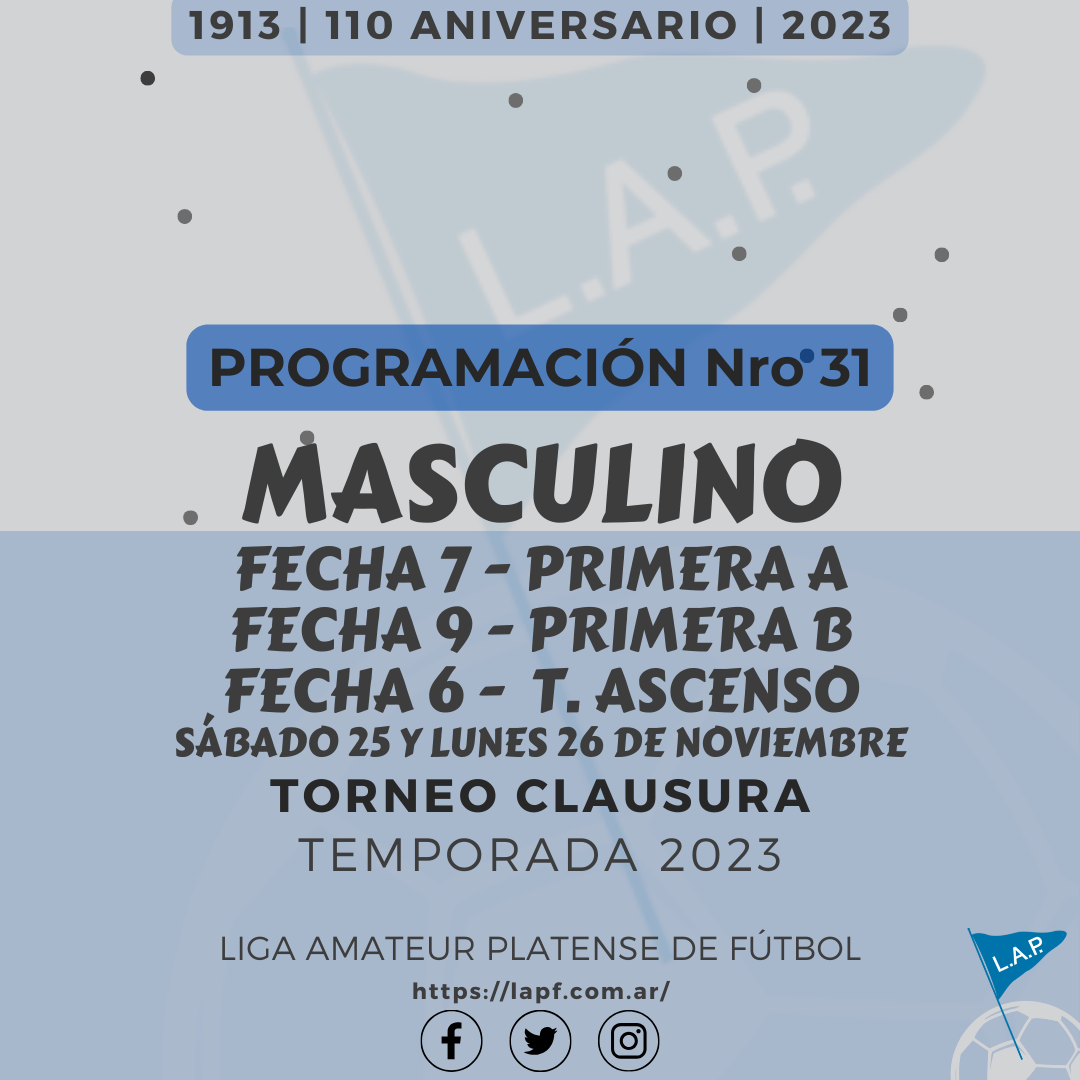 TORNEO CLAUSURA: PRIMERA A - FECHA 7 | PRIMERA B – FECHA 9 | T. ASCENSO – FECHA 6