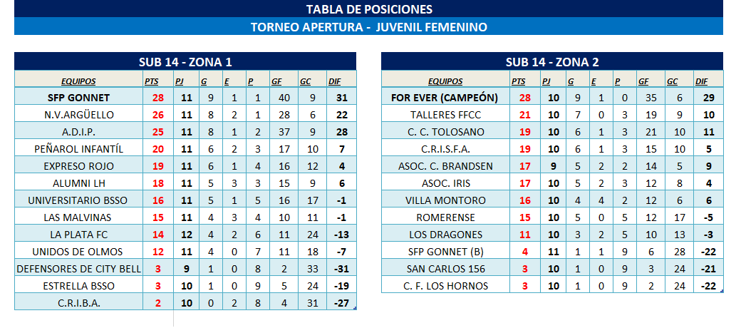 POSICIONES INFANTO-JUVENIL FEMENINO - T. CLAUSURA FECHA 12