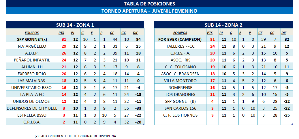 POSICIONES INFANTO-JUVENIL FEMENINO - T. CLAUSURA FECHA 13