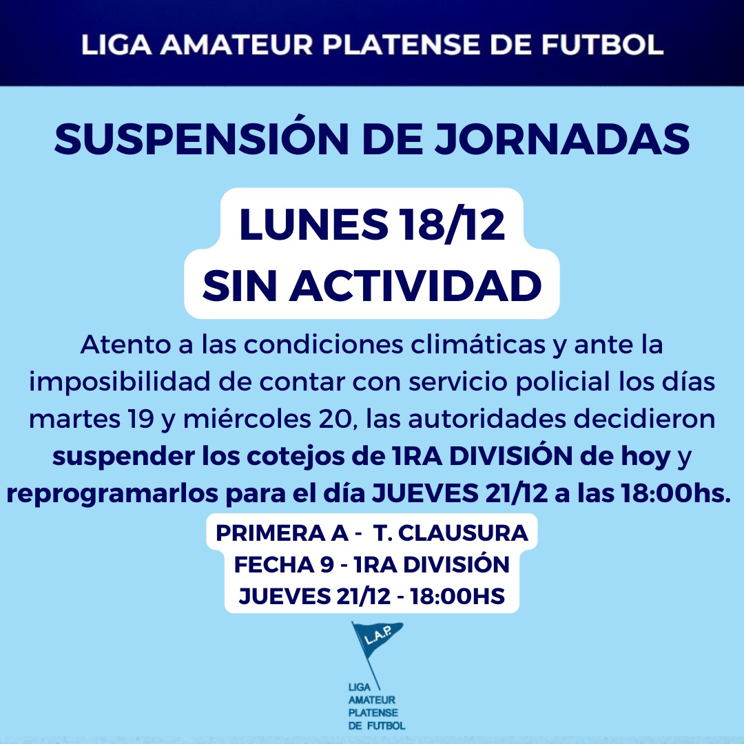 #Atención PARTIDOS DE 1RA DIVISIÓN SE TRASLADAN AL JUEVES 21/12  #PRIMERA