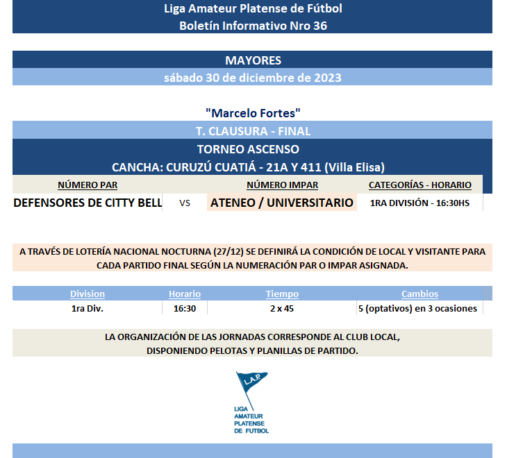 PROGRAMACIÓN NRO 36: PRIMERA A - FINALES | T. ASCENSO – FINAL 1RA DIVISIÓN