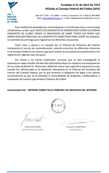 COMUNICADO OFICIAL: INFORME SOBRE FALLO TRIBUNAL DE DISCIPLINA DEL INTERIOR