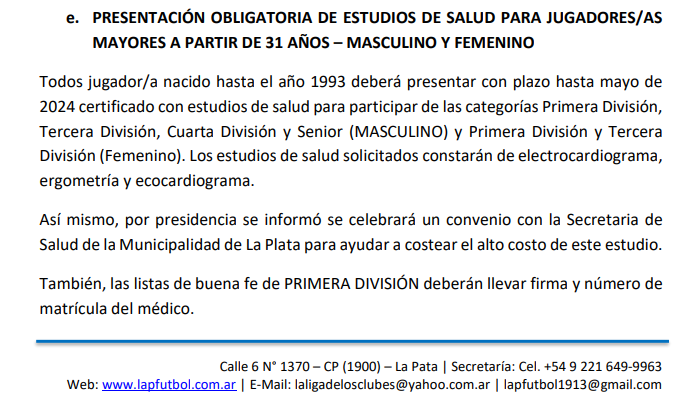 PRESENTACIÓN DE ESTUDIOS DE SALUD PARA JUGADORE/S MAYORES DE 31 AÑOS