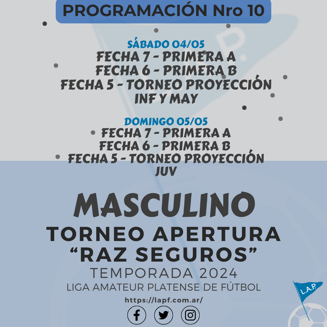 PROGRAMACIÓN NRO 10: PRIMERA A - FECHA 7 PRIMERA B - FECHA 6 TORNEO PROYECCIÓN - FECHA 5