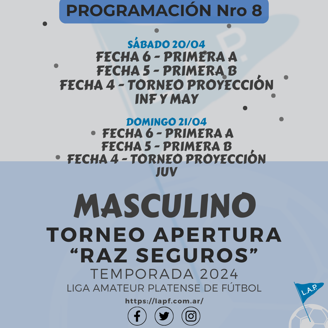 PROGRAMACIÓN NRO 8: PRIMERA A - FECHA 6 PRIMERA B - FECHA 5 TORNEO PROYECCIÓN - FECHA 4