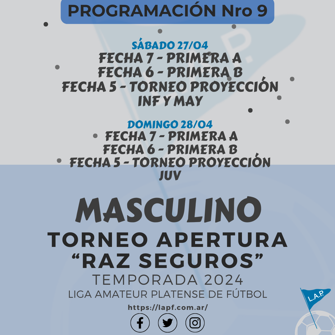 PROGRAMACIÓN NRO 9: PRIMERA A - FECHA 7 PRIMERA B - FECHA 6 TORNEO PROYECCIÓN - FECHA 5