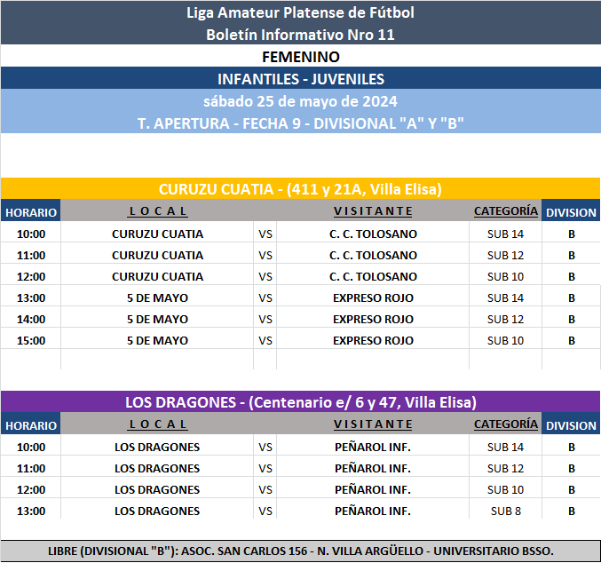 PROGRAMACIÓN NRO 11: PRIMERA A - PRIMERA B ┃ SUB 17