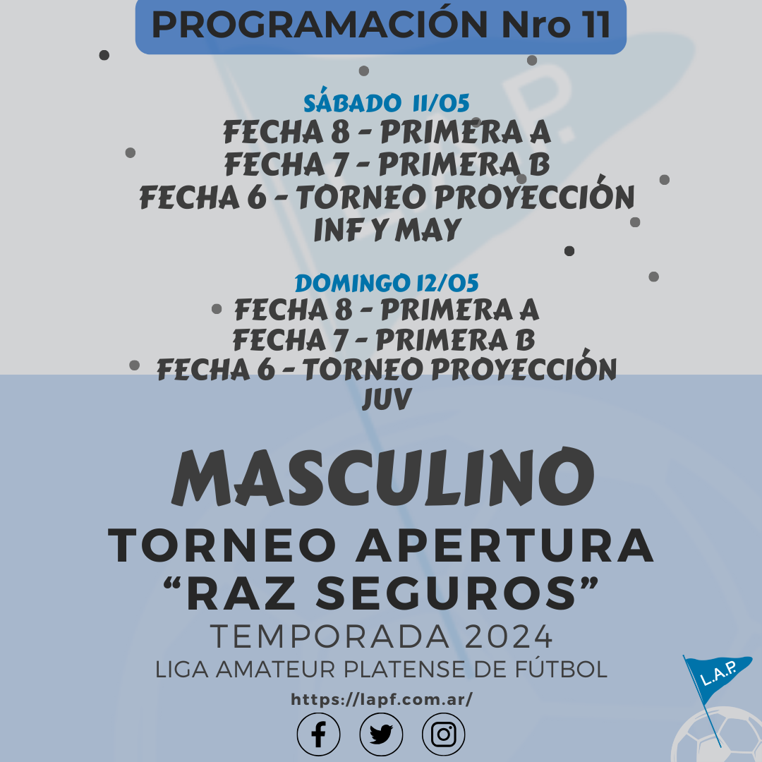 PROGRAMACIÓN NRO 11: PRIMERA A - FECHA 8 PRIMERA B - FECHA 7 TORNEO PROYECCIÓN - FECHA 6