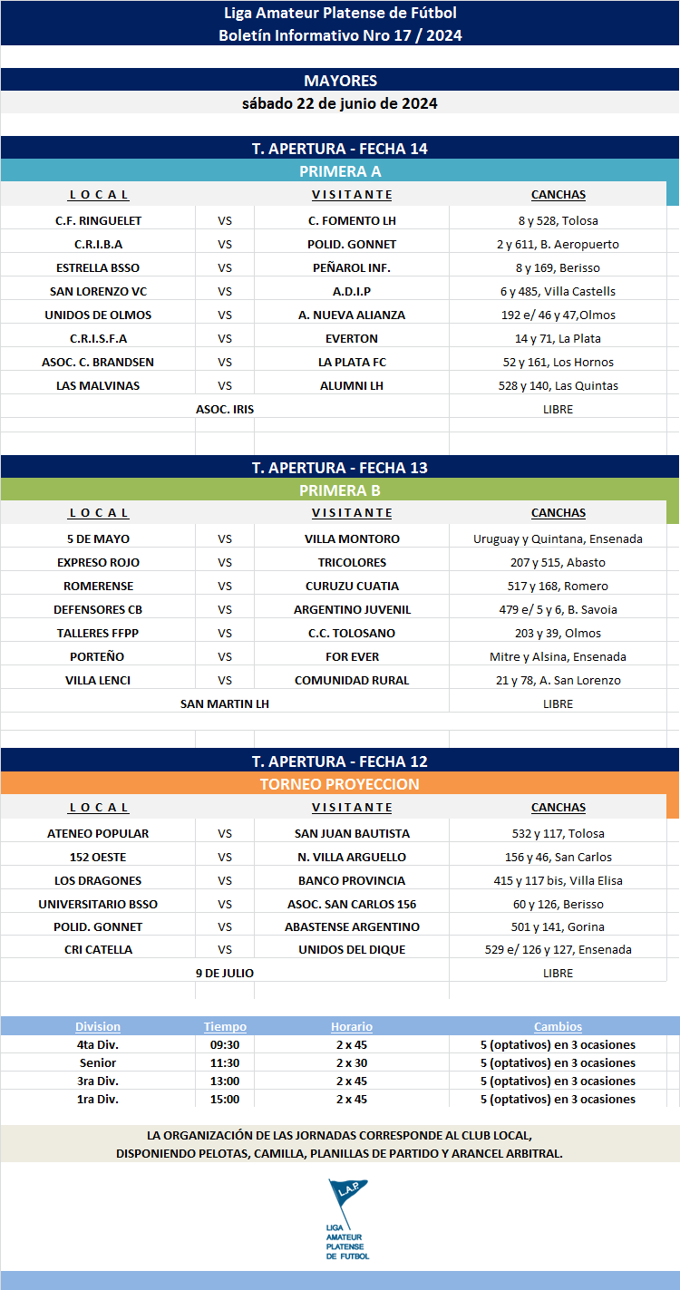 PROGRAMACIÓN NRO 17: PRIMERA A - FECHA 14 PRIMERA B - FECHA 13 TORNEO PROYECCIÓN - FECHA 12