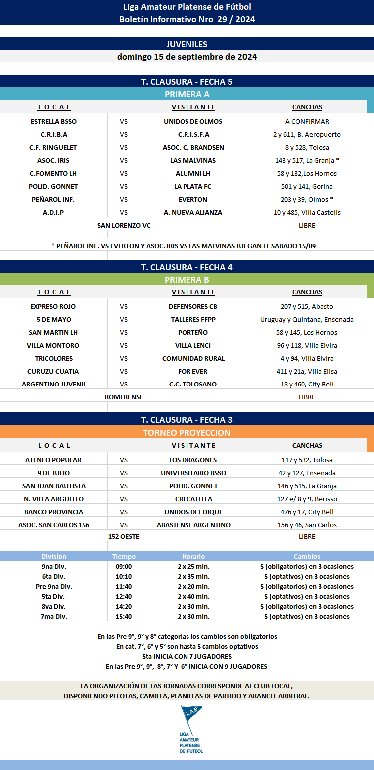 PROGRAMACIÓN NRO 29: PRIMERA A - FECHA 5 | PRIMERA B - FECHA 4 | T.PROYECCIÓN - FECHA 3