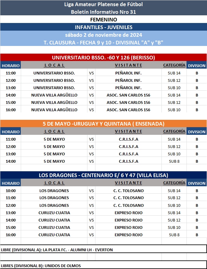 PROGRAMACIÓN NRO 31: PRIMERA A - PRIMERA B