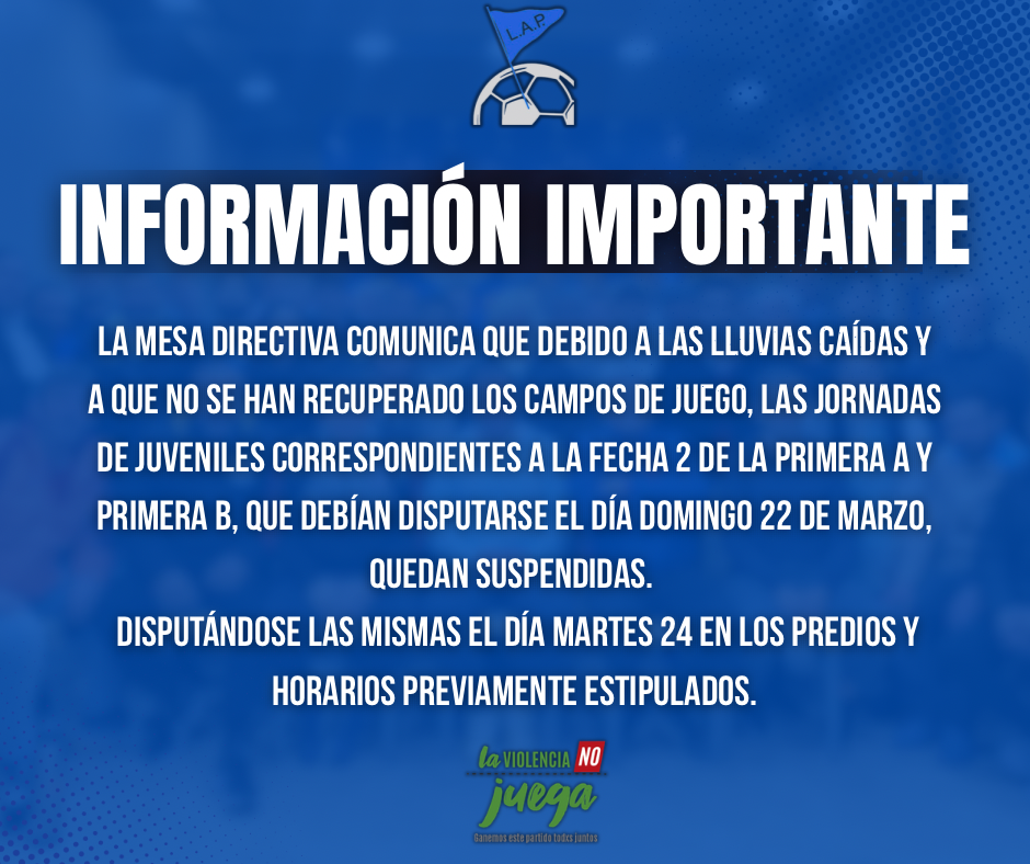 JORNADAS SUSPENDIDAS DOMINGO 22 DE MARZO - PASAN A DISPUTARSE EL MARTES 24