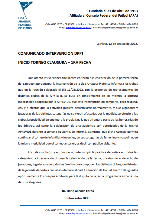 #ATENCIÓN COMUNICADO INTERVENCIÓN DPPJ – INICIO TORNEO CLAUSURA – 1RA FECHA
