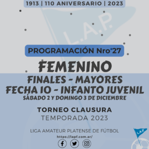 PROGRAMACIÓN NRO 27 T. CLAUSURA PRIMERA B: ZONA 2 DESEMPATE 1RA DIVISIÓN #Femenino