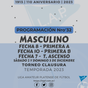 TORNEO CLAUSURA: PRIMERA A – FECHA 8 | PRIMERA B – FECHA 10 | T. ASCENSO – FECHA 7 #Masculino